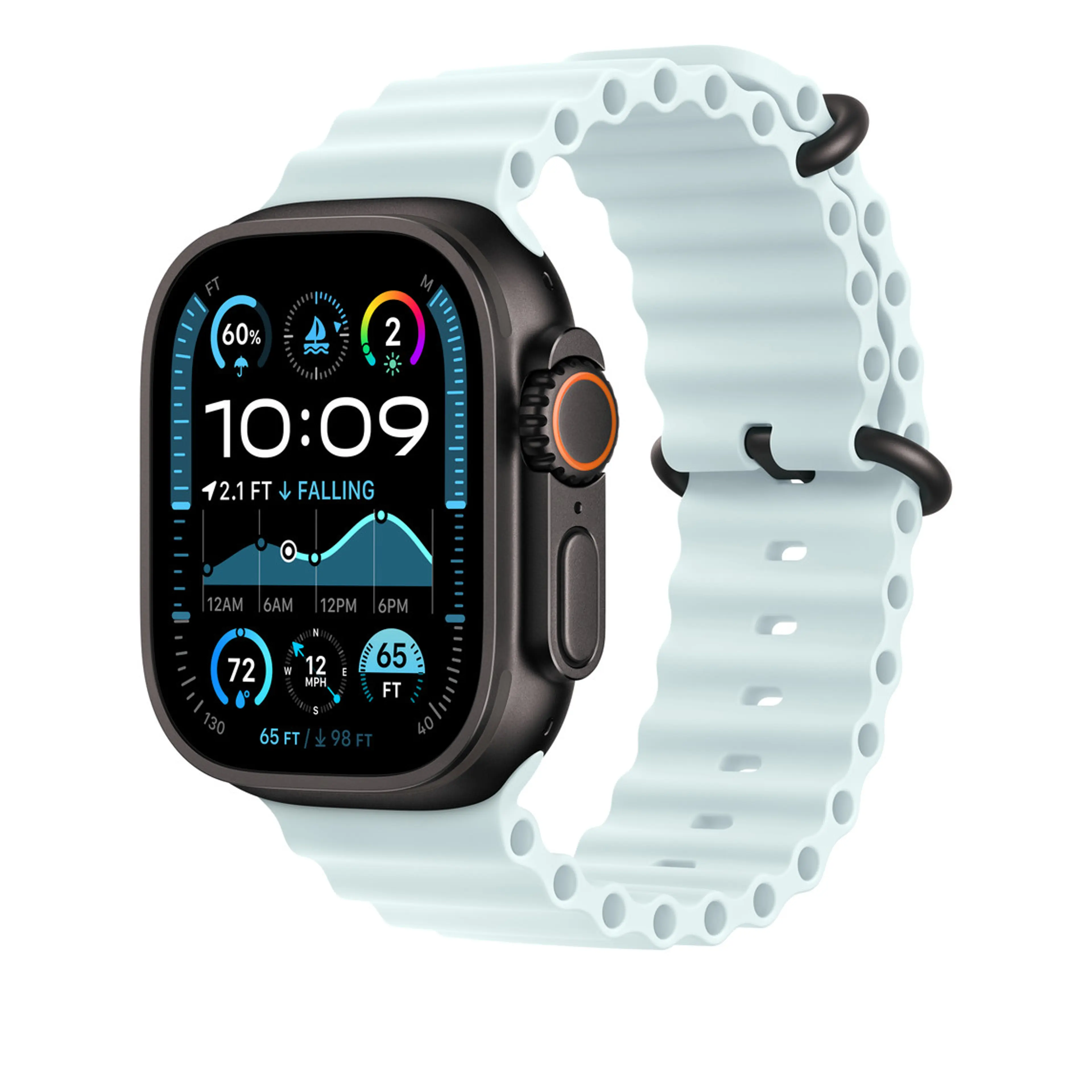 Apple Watch 49mm Band:  Ice Blue Ocean Band - Black Titanium Finish