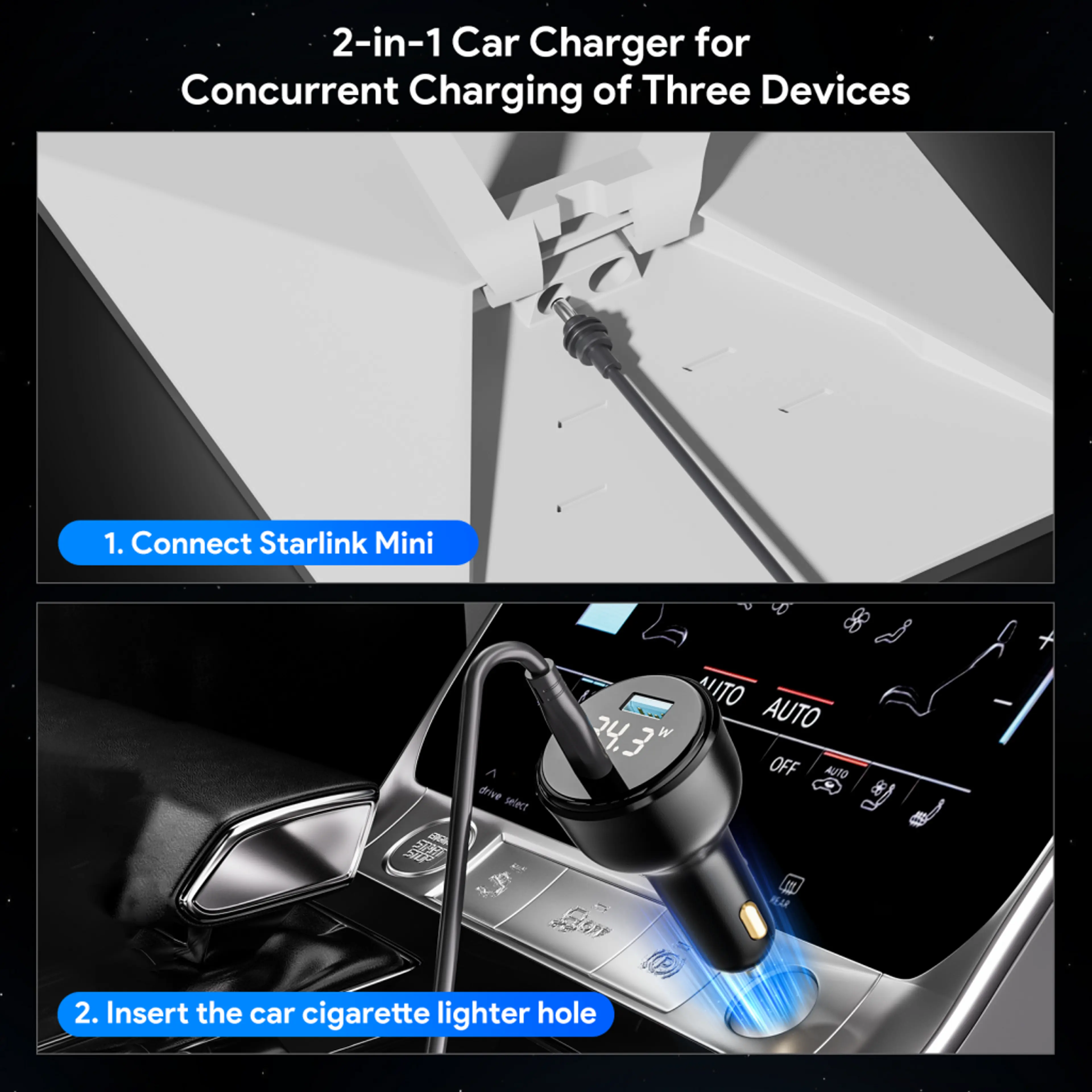 Автомобилно 2-в-1 захранване 12V за Starlink Mini (3м, 100W, LED дисплей)
