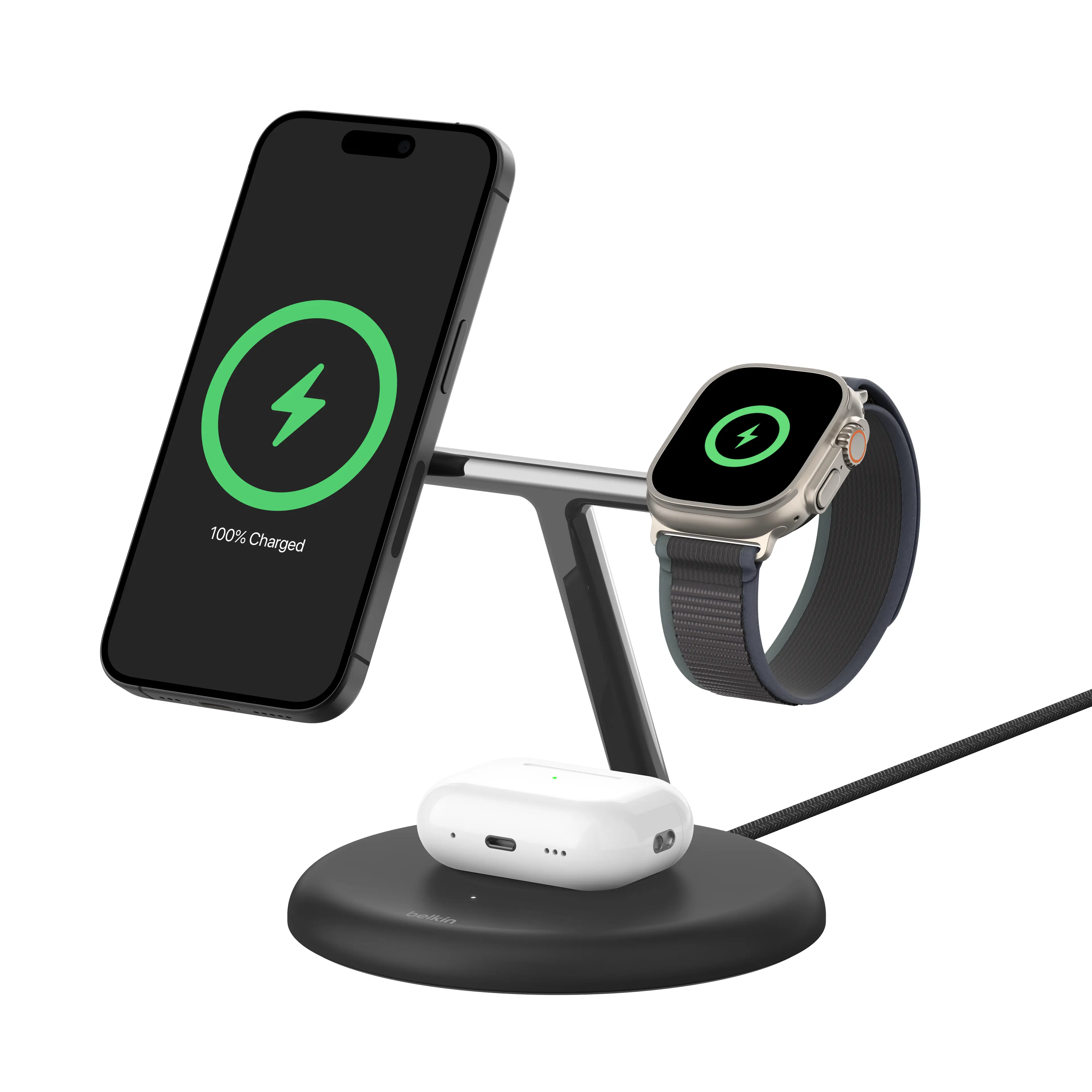 Belkin BOOST CHARGE 3-in-1 Magnetic Wireless Charging Stand with Qi2 15W - Black