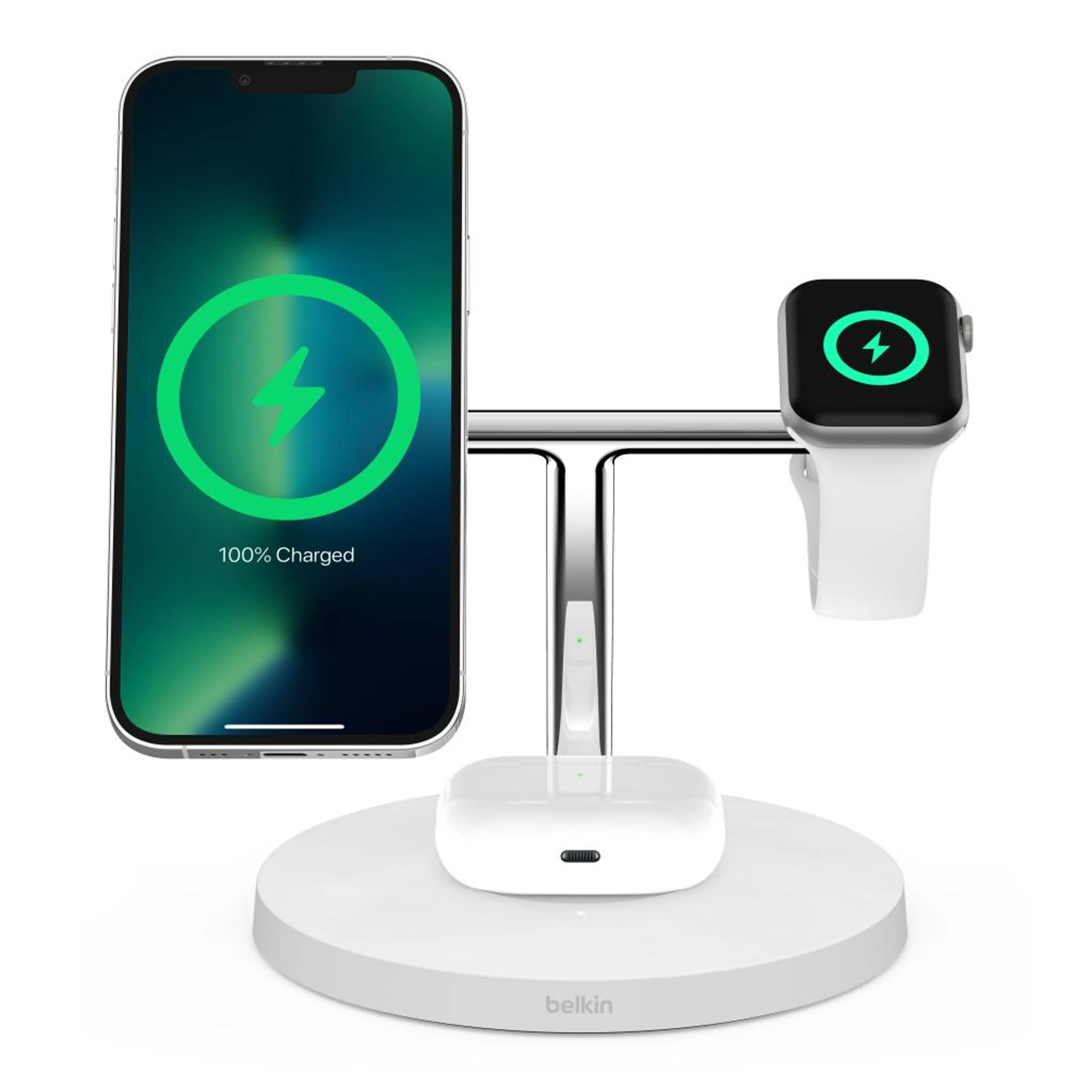 Belkin BOOST CHARGE PRO MagSafe 3-in-1 Charging Stand- Watch fast charge- w PSU (EU Power Supply) - White