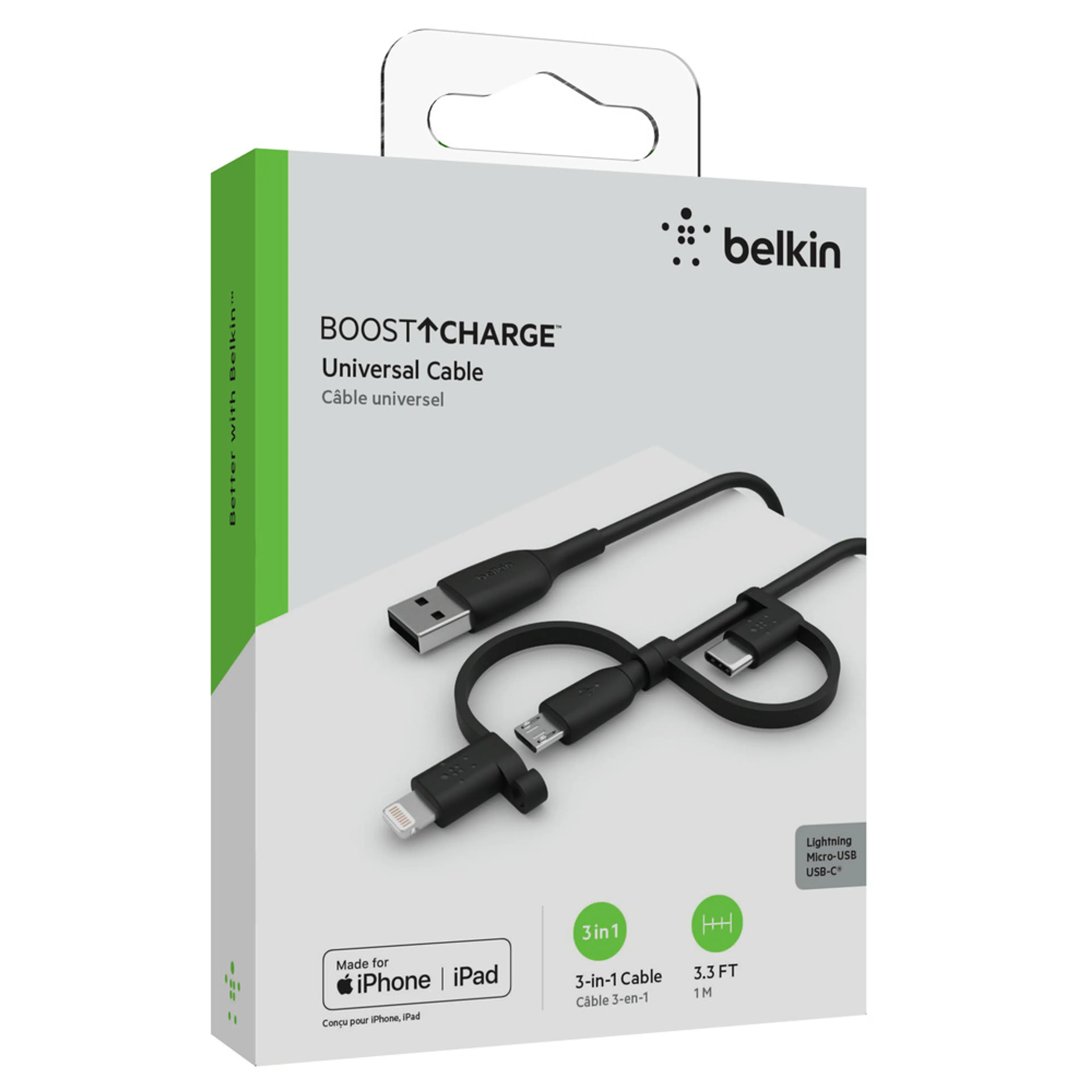 Belkin BOOST CHARGE Universal charging cable (Lightning/Micro-USB/USB-C to USB-A) Cable; PVC - 1M - Black