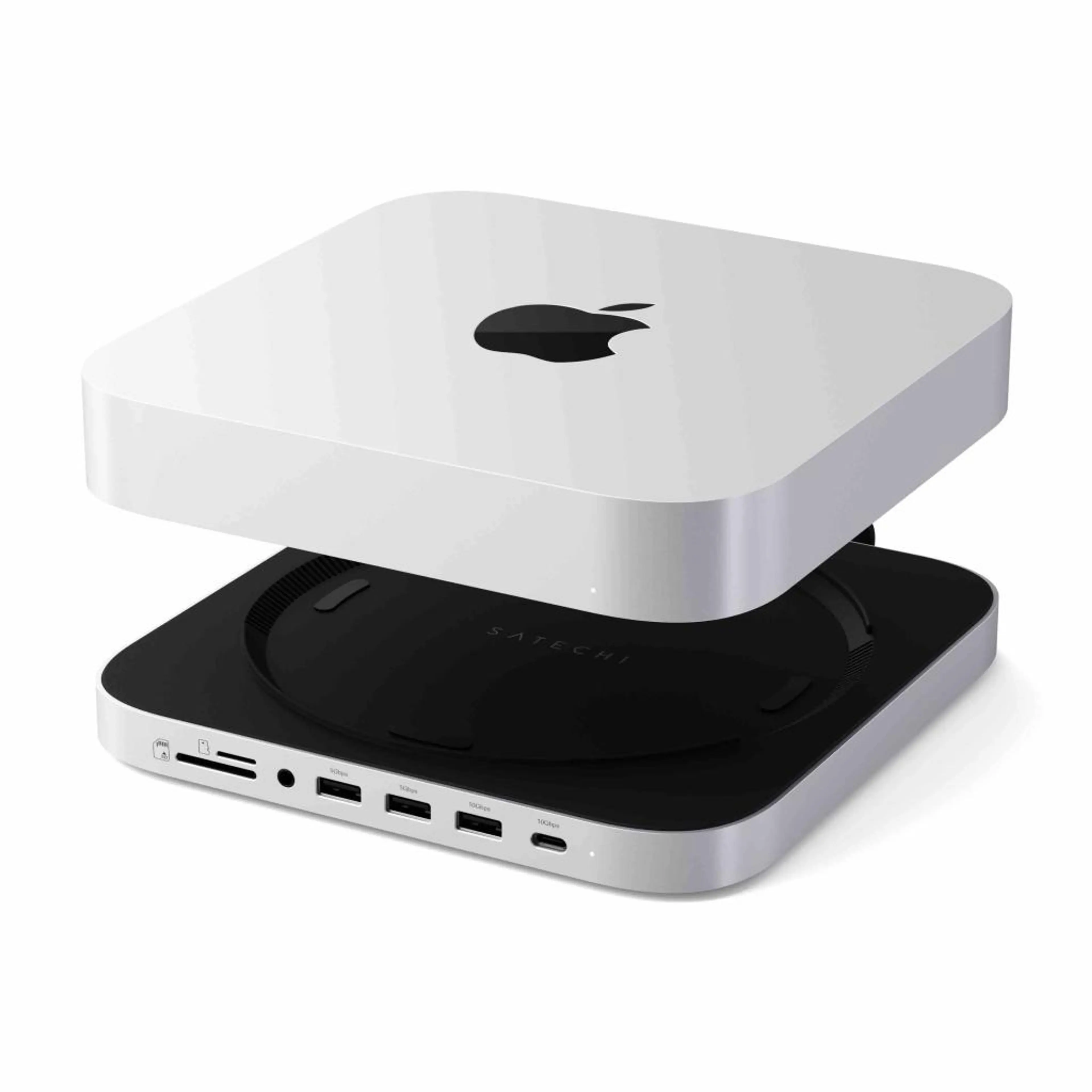 Satechi Stand & Hub For Mac Mini / Studio (1x USB-C 3.2; 1xUSB-A 3.2; 2x USB-A 3.0; 3.5mm Audio;1x Micro/SD; 1x NVMe/M.2 SATA SSD Enclosure Drive not included) - Silver